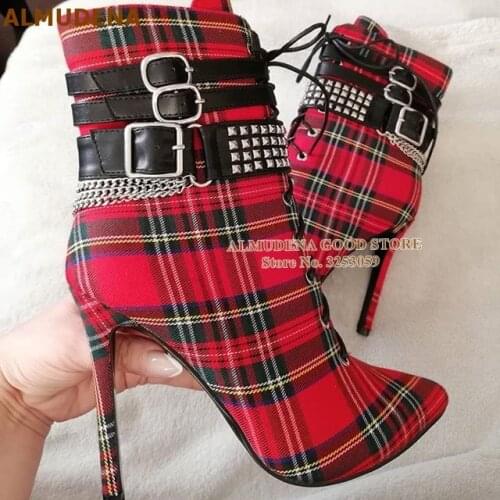 ALMUDENA Red Plaid Cloth Ankle Boots Stiletto Heel Chain Buckle Strap Booties Metal Rivets Pumps Motorcycle Studded Boots Shoes