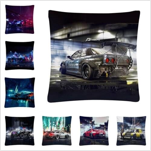 Cool Punk Modified Car Cartoon Pattern Soft Short Plush Cushion Cover Pillow Case for Home Sofa Car Decor Pillowcase 45X45cm