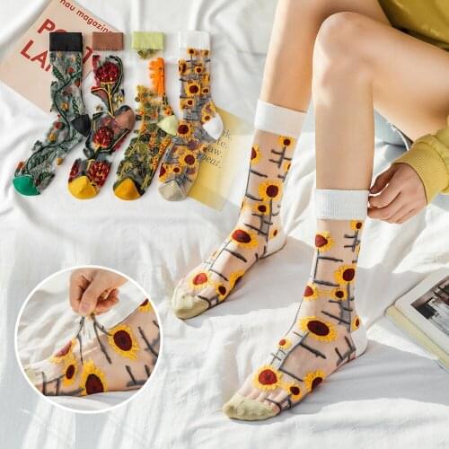 Summer Socks Sexy Fashion Lace Floral Mesh Women Girl Socks Personality Crystal Silk Tide Socks Casual High Quality Woman Sox
