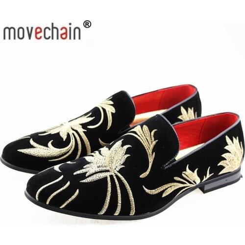 Movechain Mens Fashion Suede Leather Embroidery Loafers Mens Casual Printed Moccasins Shoes Man Party Driving Flats Sizes 38-47