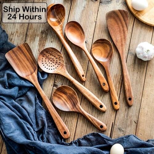 Natural Teak Tableware Special Long Cooking Spoon Ladle Colander Special Nano Soup Skimmer Shovel Rice Wooden Kitchen Tool Set