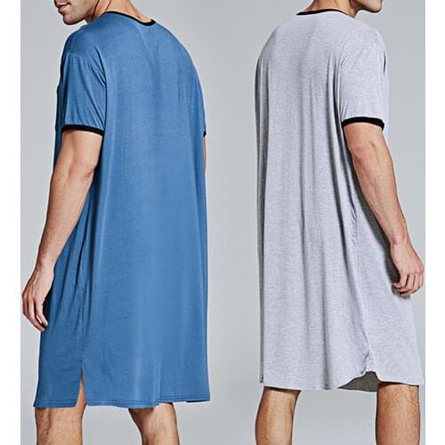 Men Short Sleeve O Neck Pocket Nightdress Loose Knee-length Nightgown Homewear