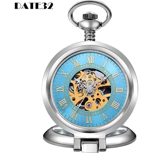 New Design Mechanical Pocket Watch Skeleton Roman Numerals Dial Stand On Table Sliver Case Fob Chain Clock for Men Dropshipping