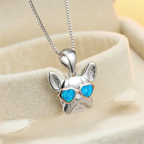 Charm Silver Color Chain Necklace Female Cute Small Dog Pendant Necklace White Blue Opal Heart Stone Necklaces For Women Jewelry