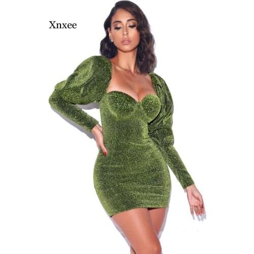 Spring Autumn Outfits Dresses Elegant Square Neck New Puff Sleeve Mini Dress Sexy Backless Sparkle Club Night Party Vestidos