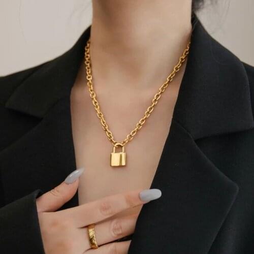 5mm Oval Cuban Link Chain Lock Pendant Necklace Gold Color Classic Chunky Chains Women JEWELRY