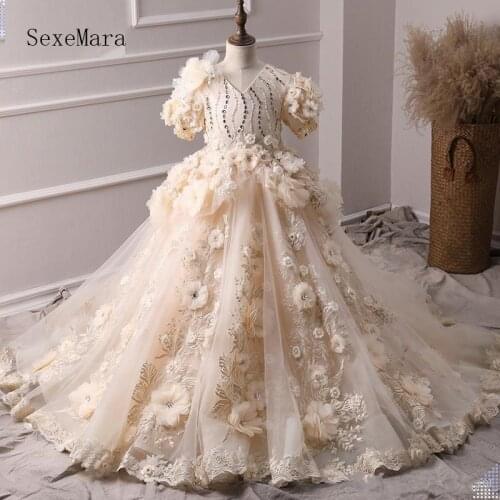 Luxury Flower Girl Dress 3D Floral Appliques Beading Sparkly Crystals Kids Pageant Gowns Lace Up Back Kid Birthday Dress