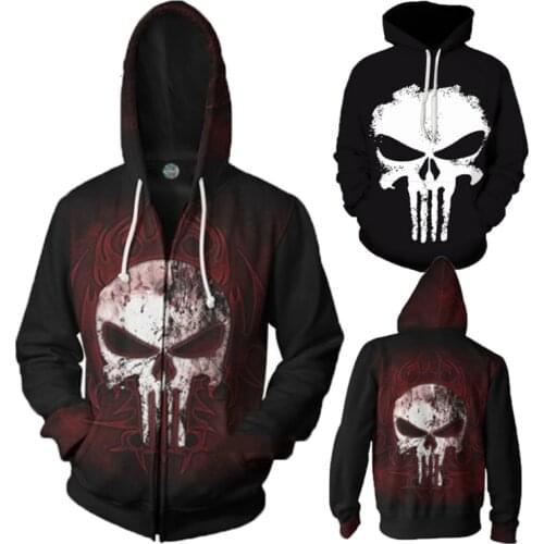 The Punisher Cosplay Hoodie Sweatshirt 3D Skull Mask Print Fashion Cool Hip Hop Hooded Jacket Coat Streetwear Men Oversized