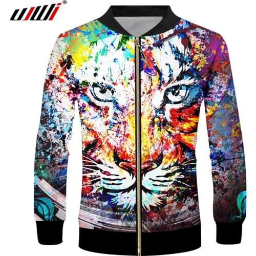 UJWI Fall Hip Hop Grunge 3d Cool Man Printing Splashing Colorful Tiger Jacket Zipper Outwear Streetwear Long Sleeve Top Coat
