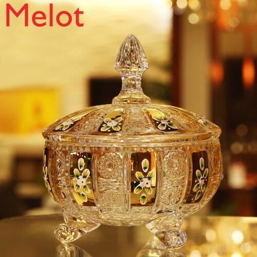High-End Luxury Enamel Gold-Plated Craft Crystal Glass Sugar Bowl Dried Fruit Snack Bowl Candy Box Fruit Cup with Lid