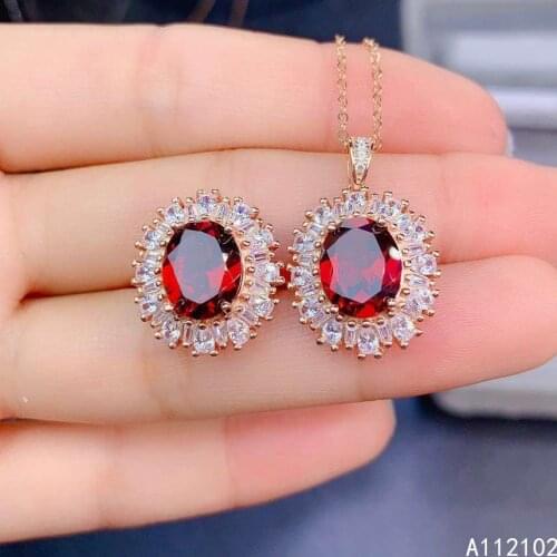KJJEAXCMY fine jewelry 925 sterling silver inlaid natural garnet Trendy Chinese style GEM PENDANT ring set support detection