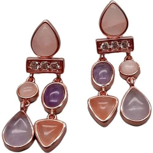 YYGEM natural Geometric Amethyst Rose Quartz Aventurine Rose gold Filled Stud Earrings office style for women