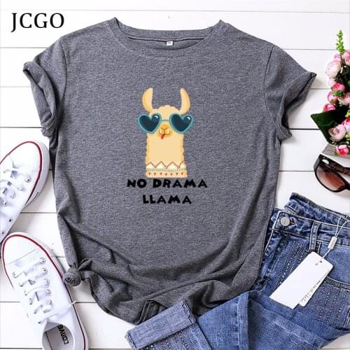 JCGO Summer Women T-Shirt Plus Size 5XL Cotton Cute Alpaca Print Female Short Sleeve Tshirts Casual Fashion Tops Basic Tees