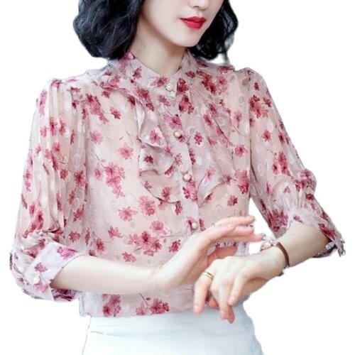 Women Spring Summer Style Chiffon Blouses Shirts Lady Casual Half Sleeve O-Neck Flower Printed Blusas Tops DD9158