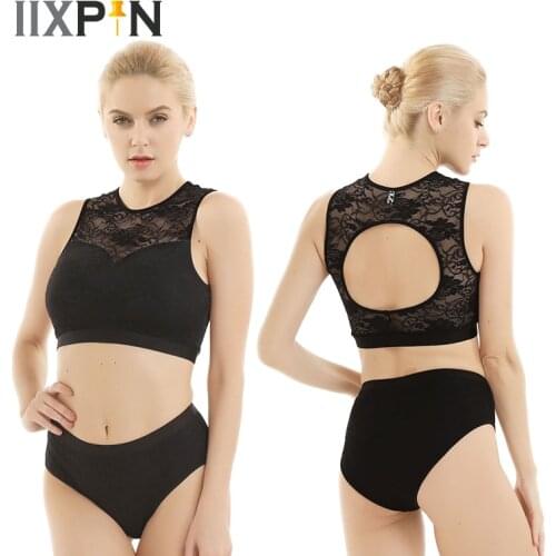 Women Pole Dance Costume Activewear Lace Suits Sleeveless Back Hollow Out Crop Tops with Hot Shorts for Pole Active Dancewear
