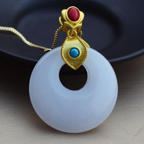 Women doughnut Necklace Pendant Hetian white Jade mosaic 925 Silver Plated button Pendant Gift for Female Fine Jewelry