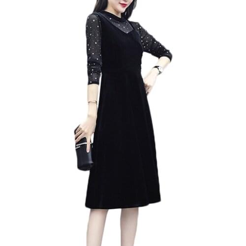 Spring autumn Dress Women Long Sleeve Lace Hollow Splice Dresses Black High-end Womens pullover Crew neck casual Dresses F1287