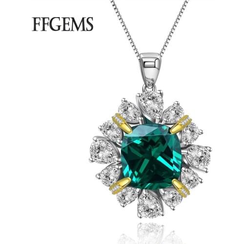 FFGems 925 Sterling Silver Necklace pendant chain Created Moissanite Emerald Gemstone Wedding Engagement Fine Jewelry for women