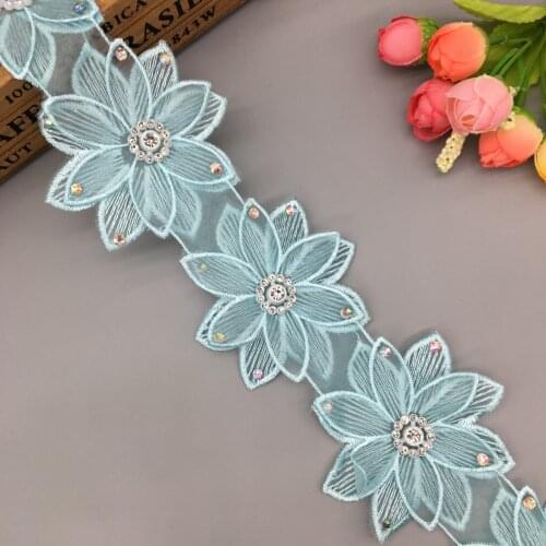 1 yard 3D Blue 7.5CM Pearl Rhinestones Flower Lace Trim Ribbon Fabric Applique Embroidery Handmade DIY Clothes Wedding Dress