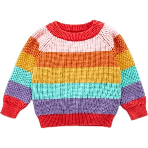 2021 Korean Baby Boys Girls Stripe Knitted Tops Sweater Outfits Kids Rainbow Autumn Patchwork Clothes Spring Lovely Sweater 0-3t