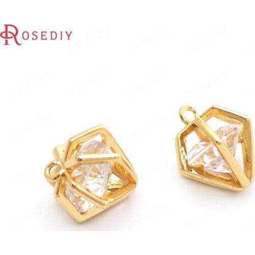 34925)4PCS 12x10MM 24K Gold Color Brass with White Zircon 3D Rhombus Charms Pendants High Quality Accessories Jewelry Findings