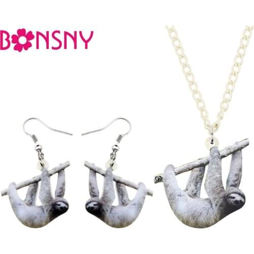 Bonsny Acrylic Anime South American Sloth Necklace Earrings Jewelry Sets Wild Animal Girls Teens Decorations Novelty Charms Gift