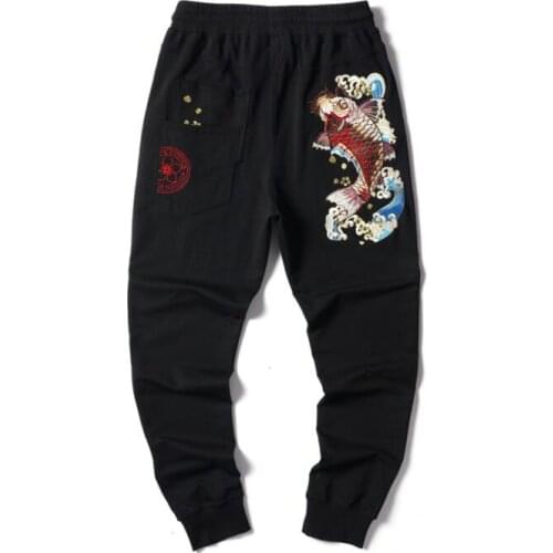 Autumn mens trousers winter new embroidered carp harem pants sweatpants loose solid color rope elastic pants Japanese black