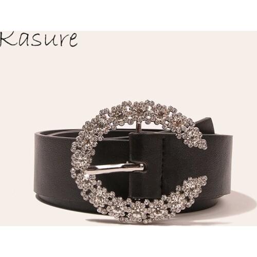 KASURE Designer Brand Crystal Buckle PU Belts For Woman Luxury Rhinestone Round Elegant Black Solid Jeans Decoration Waist Belts