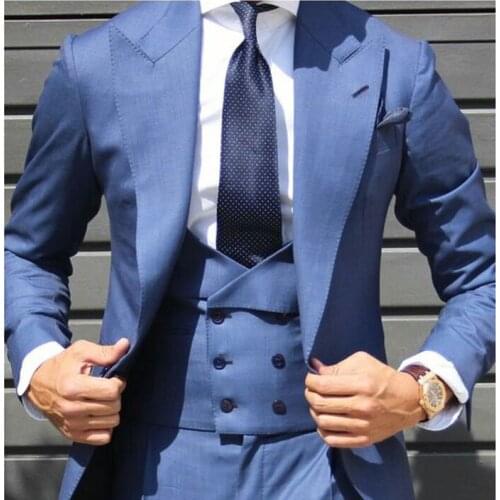 Gentle-Mens Light Blue Bridegroom Suit With Double Breasted Vest Ternos Masculino Slim Fit Tuxedo Men Suit