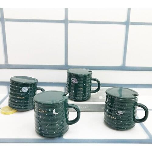Creative Dark Green Moon / Earth Mug Nordic Cup Trend Boys Girls Ceramic Coffee Tea Cup With Spoon Breakfast Milk Cup