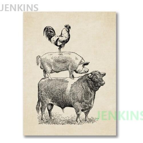 Kitchen Poster Farm Poultry Cow Pig Chicken Vintage Decor,French Country Farmhouse Retro poster kraft paper Jenkins wall art