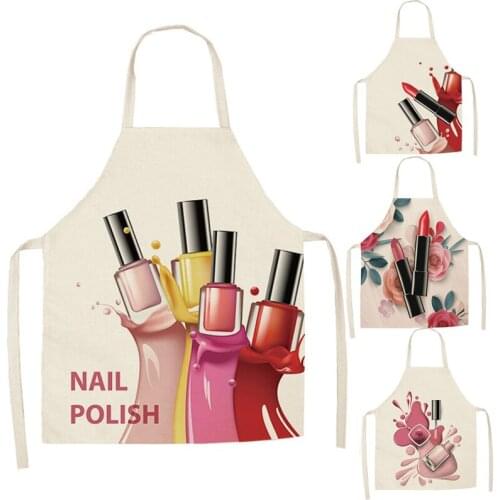 Linen Flower Nail Polish Theme Print Kitchen Aprons Unisex Dinner Party Cooking Bib Funny Pinafore Cleaning Apron