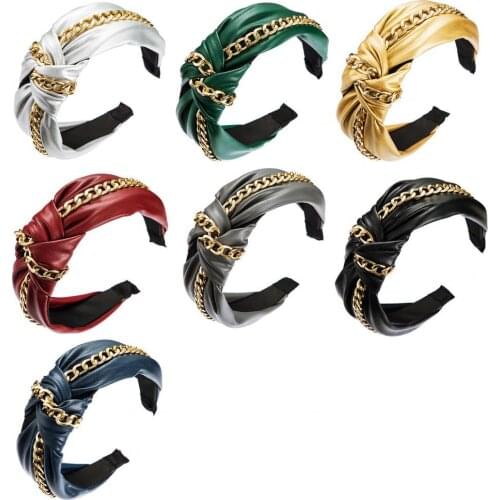 HOT SALES!!! Hairband Charming Anti-slip Faux Leather Alloy Chain Knotted Hair Hoop for Dating