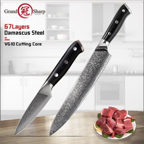 Grandsharp 2 Pcs Kitchen Knife Set Chef Paring Damascus Kitchen Knives 67 Layer VG10 Japanese Damascus Steel Chefs Cooking Tool