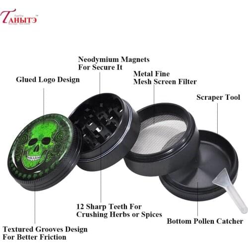 New 50MM 4 Piece CNC Diamond Teeth Tobacco Grinders Sugar Skull Series Metal Aluminum Smoking Herb Grinder Spice Crusher
