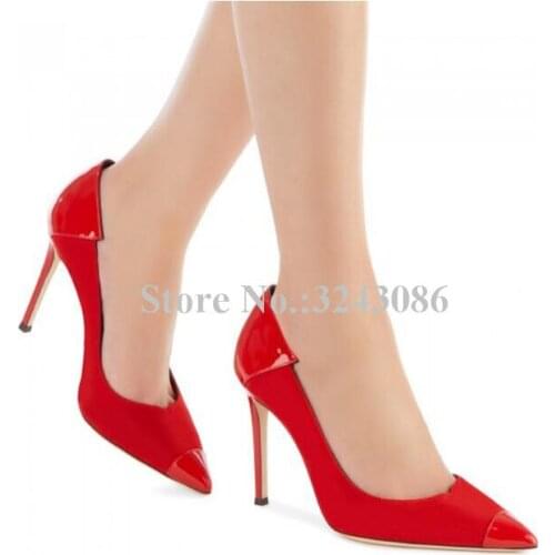 New Suede Joint Patent Leather High Heels Pumps Lady Sexy Pointed Toe Stiletto Heel Single Shoes Women Large Size Dress Shoes