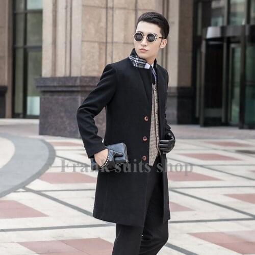Custom made 2017 New design new arrival Black coat male woolen overcoat slim outerwear trench