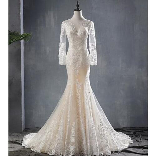 2020 New Designs Wholesale Champagne O-Neck Long Sleeve Illusion Lace Vintage Trumpet Wedding Gown Dress Bridal Mermaid