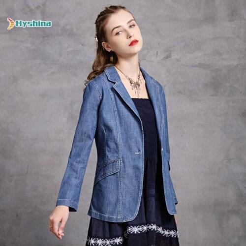 Womens New Retro Denim Suit Jacket Slim Mid Length Suit
