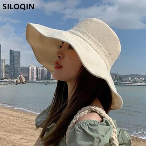 SILOQIN Foldable Womens Bucket Hats New Summer Oversized Brim Solid Beach Hat Fashion Trend Sun Protection Anti-UV Travel Caps