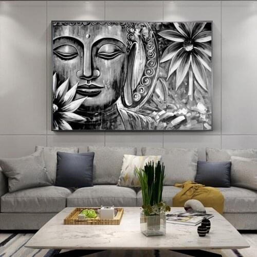 Gray Buddha Statue Canvas Paintings Religious Buddhist Artworks Buddha Face Poster Home Decor for Living Room Bedroom Decoration