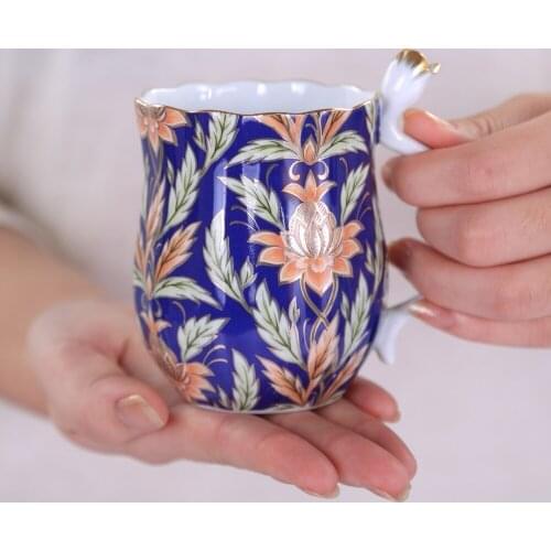 Retro ceramics Coffee English Black tea water Mark cup Bone China Goldcobalt blue Gift collector