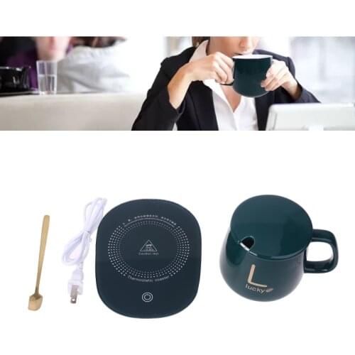 US Plug / USB 450ml Coffee Cup with Spoon and 55 Degree Thermostat Coaster Set 95AC