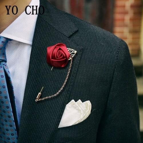 YO CHO Artificial Flower Boutonniere Wedding Men Brooch Pins Silk Rose Groomsmen Buttonholes Pins Party Wedding Planner Supplies