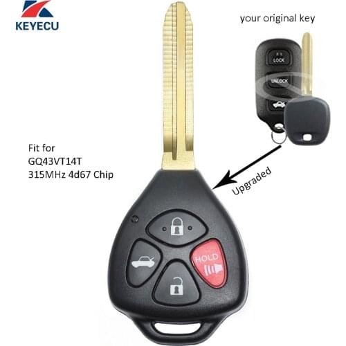 KEYECU Replacement Upgraded Remote Key Fob 4 Button for 315MHz 4D67 for Toyota Camry Corolla Sienna 2003-2008 GQ43VT14T