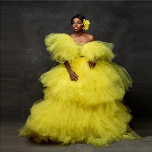 Yellow Puffy Prom Dress Tiered Evening Dresses Long Dress Prom Stylish Off Shoulder vestido de fiesta Fluffy Prom Dresses Lush