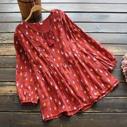 Mori Girl New Autumn Women Loose Print Blouse Female Cotton Shirt O-Neck Nine Quarter Sleeve Shirt Tops 2020