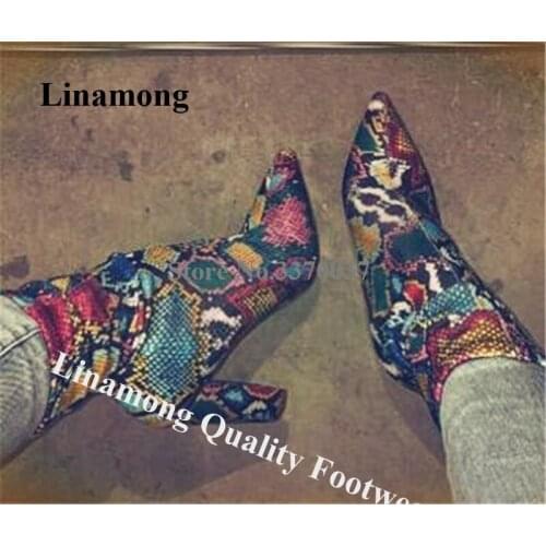 Linamong Women Sexy Pointed Toe Snake Leather Chunky Heel Short Boots Slip-on Slip-on Sock Ankle Booties Formal Dress Shoes
