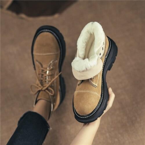 Drestrive Women Snow Boots Round Toe Wool Cow Suede Flats Lace Up Platform Winter Shoes Woman Ankle Boots Black Non Slip Size 42