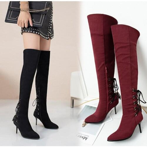 2021 New Suede Leather Women Over The Knee Boots Lace Up Sexy High Heels Autumn Woman Shoes Winter Women Boots Size 33-43